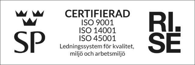 Logo with RISE certificates for ISO 9001, ISO 14001 and ISO 45001.